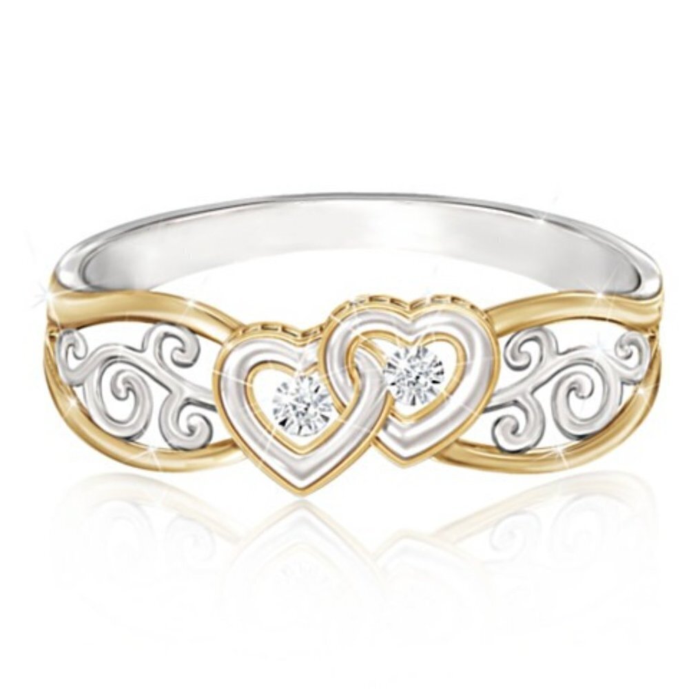 💥 Lovely Double Heart Carved Flower Two Color Plated Rings for Women, PD697 - Picture 8 of 9